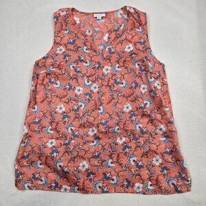 J Jill M Petite Linen Floral Sleeveless Top Salmon Blue White Tank